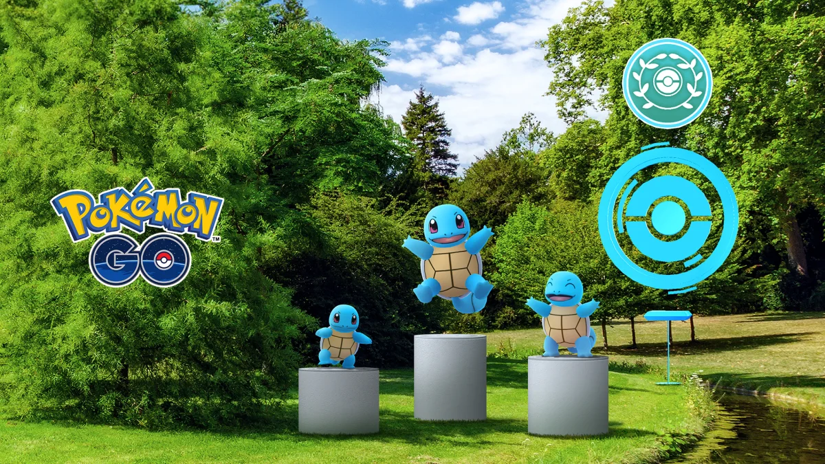 Drie Squirtle op podiums naast een Showcase-PokéStop in een groen park; officiële algemene illustratie van PokéStop Showcases.