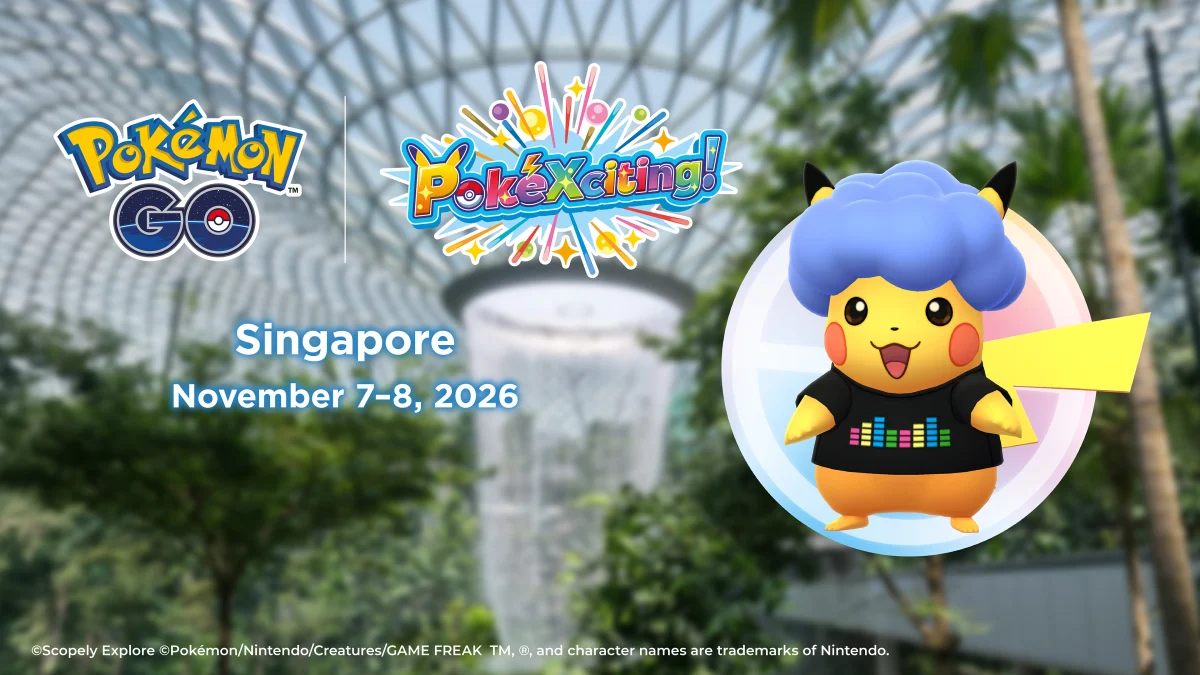 Twee Pikachu met locatieachtergrond te verzamelen bij PokéXciting! in Singapore